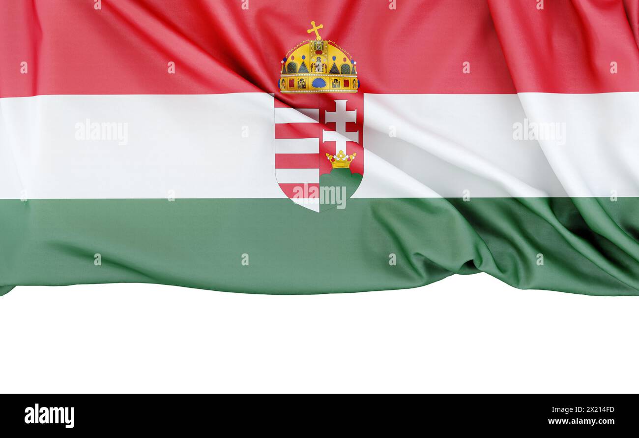 Flag of Hungary with coat of arms isolated on white background with copy space below. 3D rendering Stock Photo