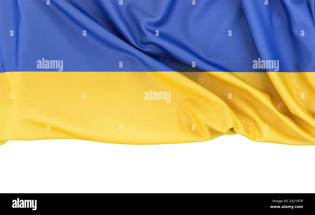 Flag of Ukraine isolated on white background with copy space below. 3D rendering Stock Photo