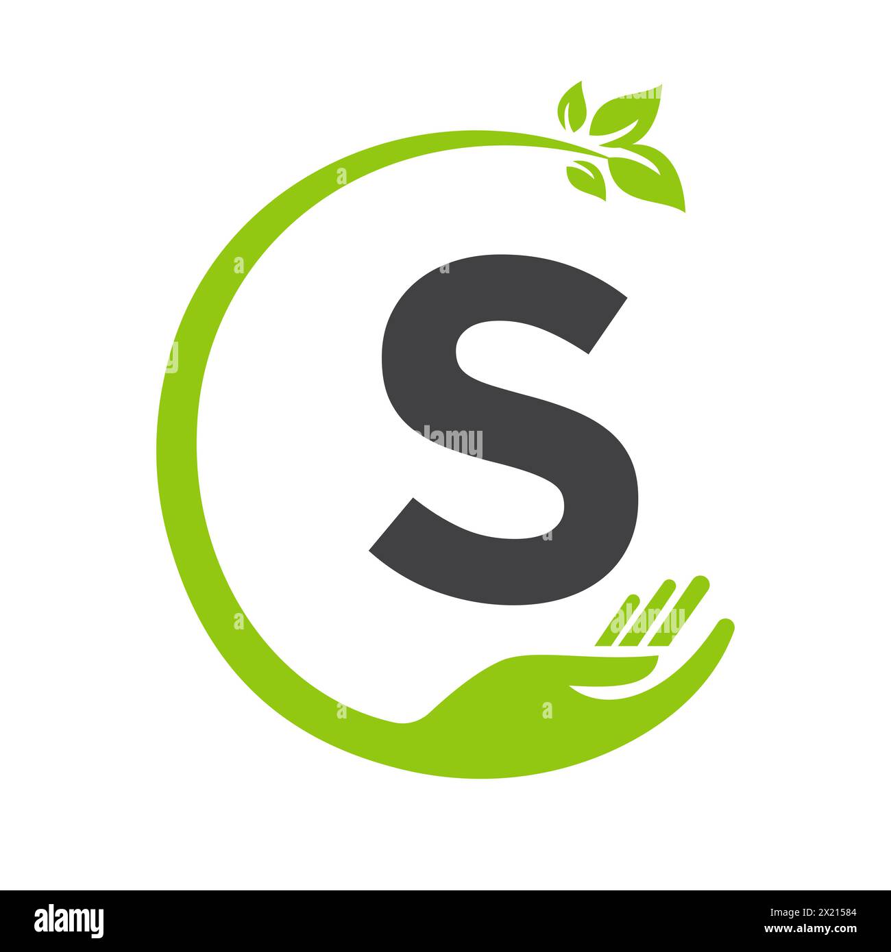 Eco Logo On Letter S Concept with Hand and Leaf Symbol. Recycle Sign Stock Vector