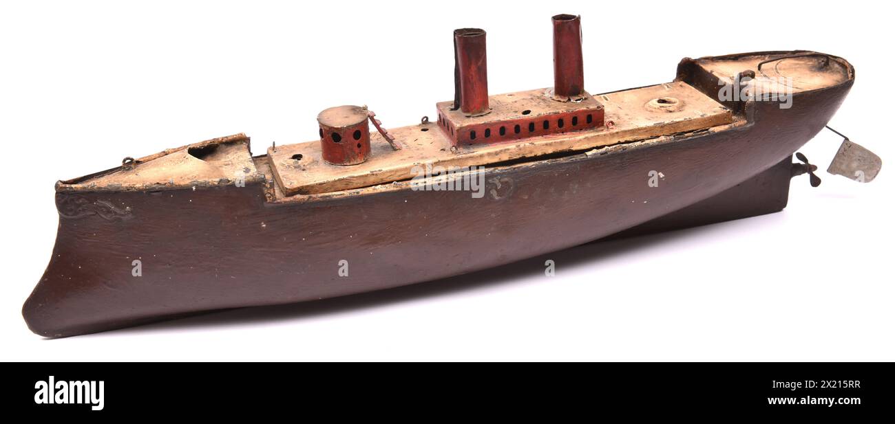 Early 20th century childrens clockwork toy steam ship Stock Photo