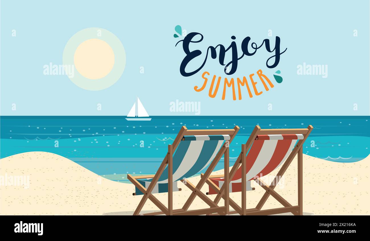 Beach background with beach loungers on the sand. Summer banner vector illustration Stock Vector