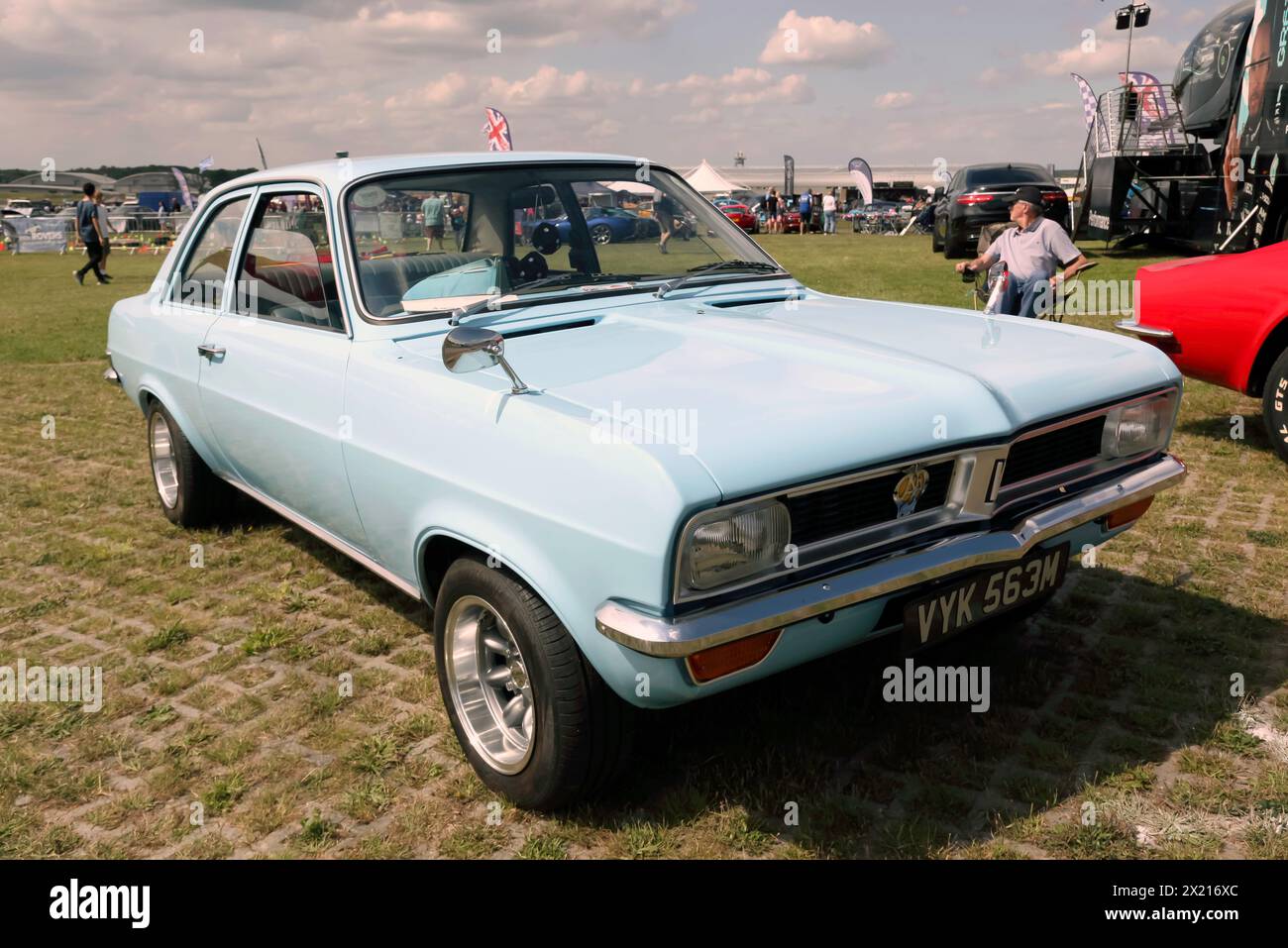 Three-quarters front view of a Blue, 1974, Vauxhall Viva Saloon, on display at the 2023 British Motor Show Stock Photo