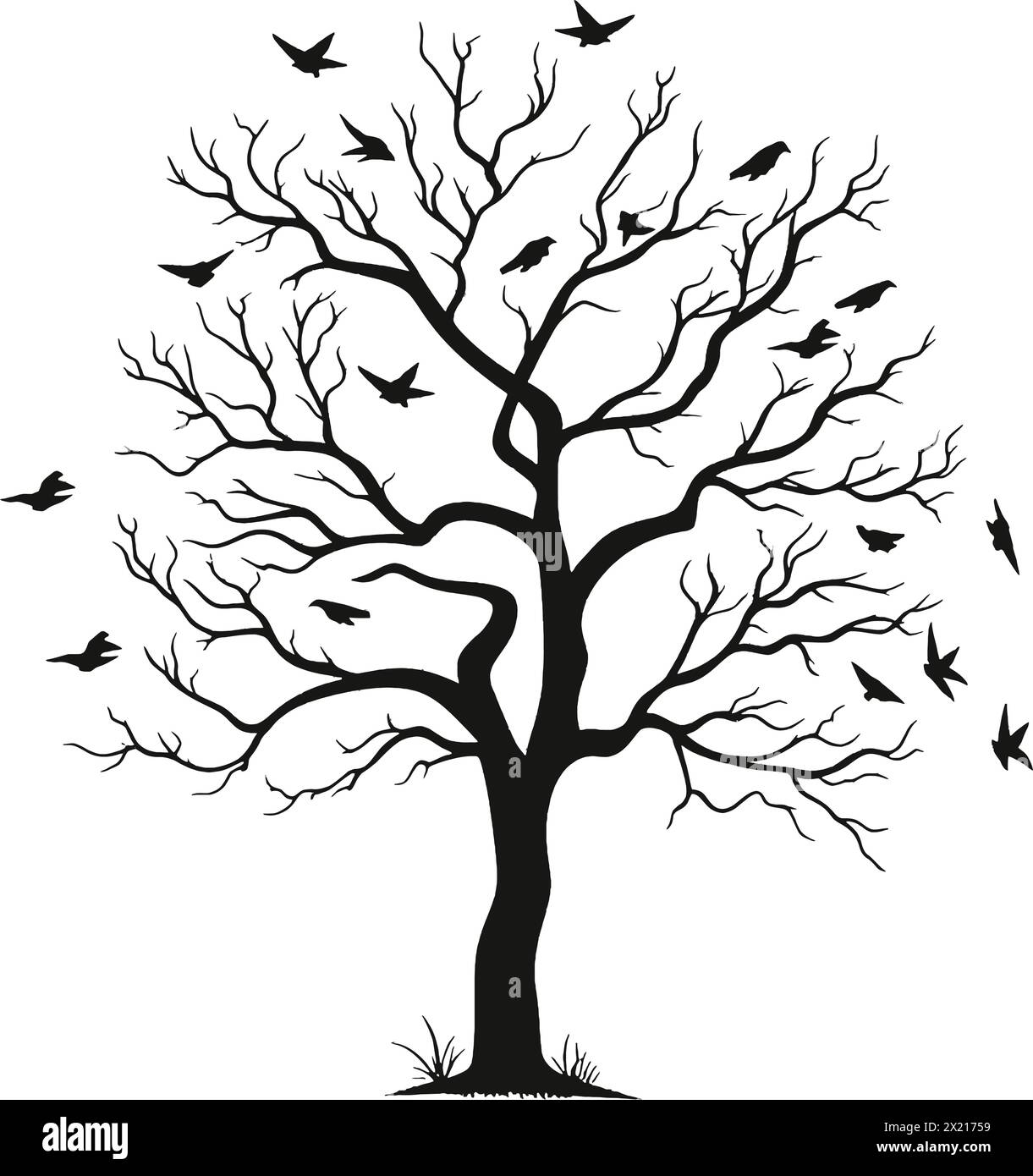 Vector illustration of a trees with birds in black silhouette against a