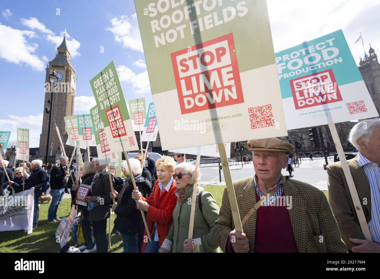 Campaigners staging a rally in Westminster in order to protect food production and nature from industrial-size solar farms, Parliament Square, London. Stock Photo