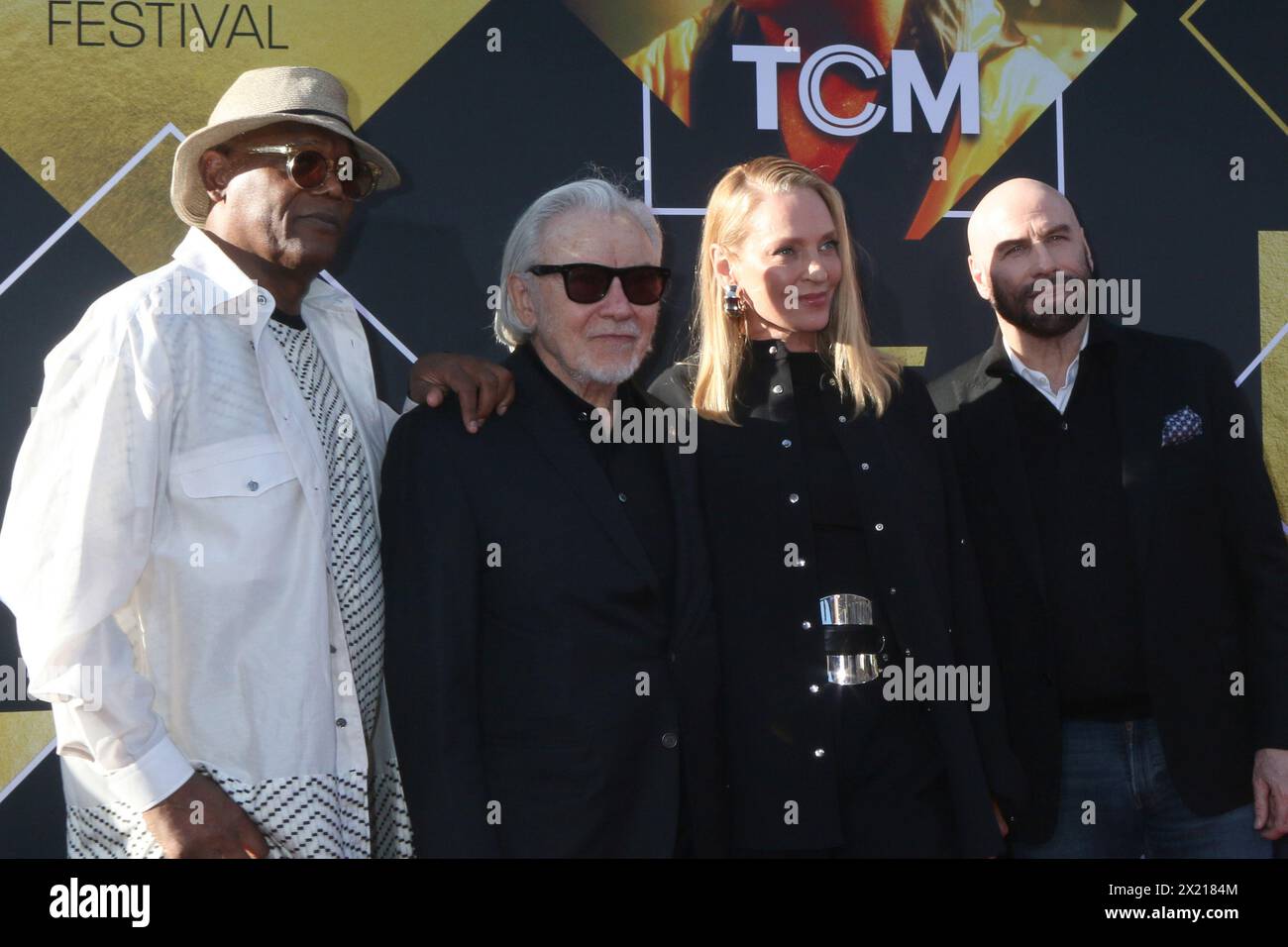 April 18, 2024, Los Angeles, Ca, USA: LOS ANGELES - APR 18: Samuel L Jackson, Harvey Keitel, Uma Thurman, John Travolta at the 2024 TCM Classic Film Festival Opening Night - 30th Anniversary Presentation Of ''Pulp Fiction'' at the TCL Chinese Theater IMAX on April 18, 2024 in Los Angeles, CA (Credit Image: © Kay Blake/ZUMA Press Wire) EDITORIAL USAGE ONLY! Not for Commercial USAGE! Stock Photo
