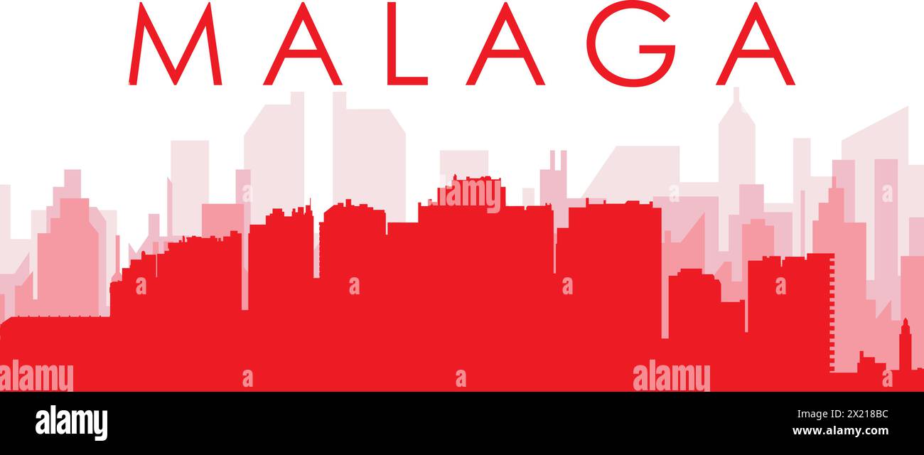 Red panoramic city skyline poster of MALAGA, SPAIN Stock Vector