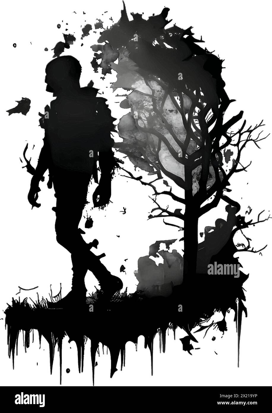 Vector illustration of a walking man in black silhouette against a ...