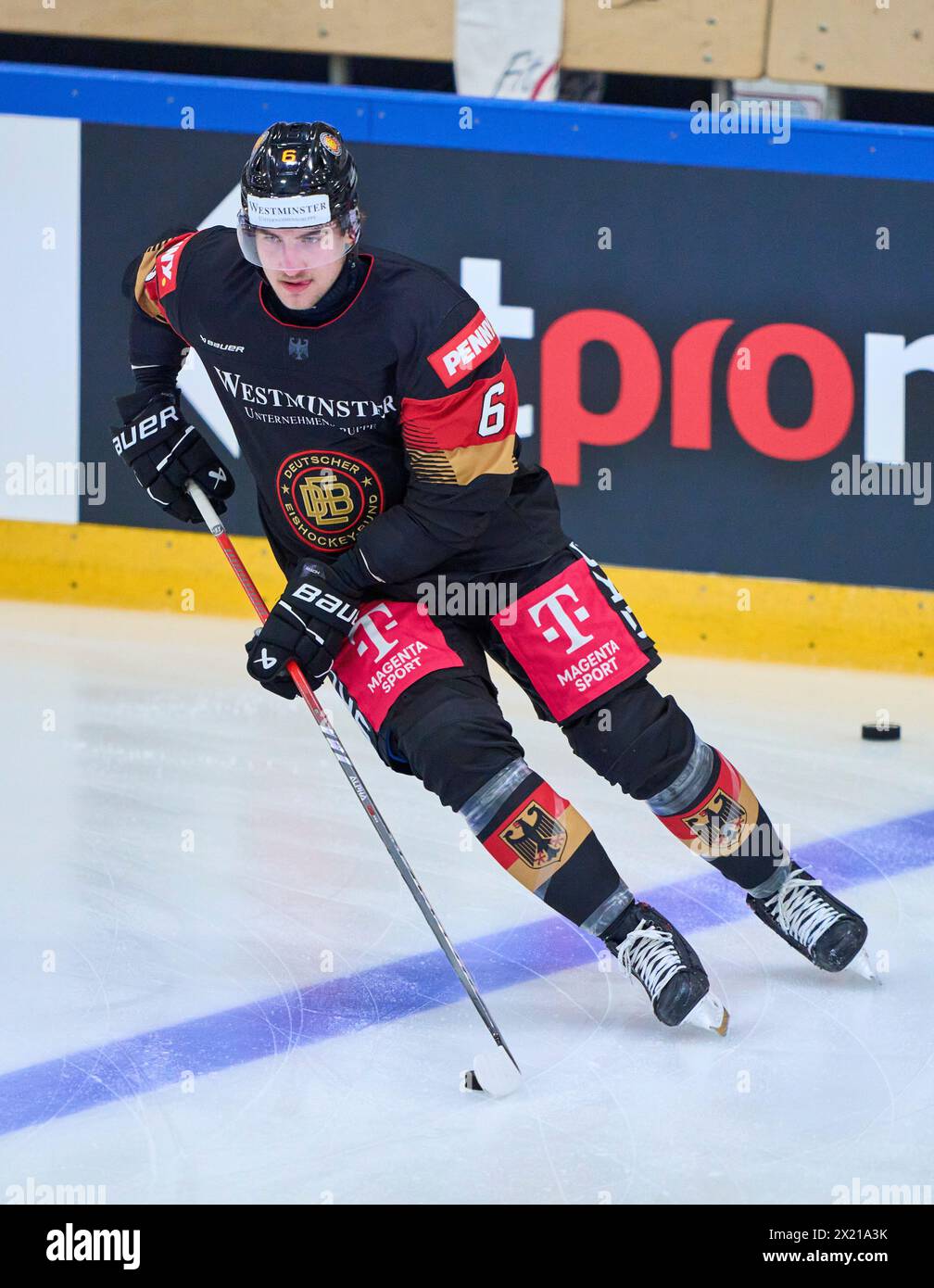 Julius Karrer Nr.6 of Germany  in the match GERMANY - SLOVAKIA 7-3 Friendly match DEB ICE HOCKEY, World Championship 2024 preparation in Kaufbeuren Germany, Apr 18, 2024,  Season 2023/2024, Slowakei,  Photographer: ddp images / star-images Stock Photo