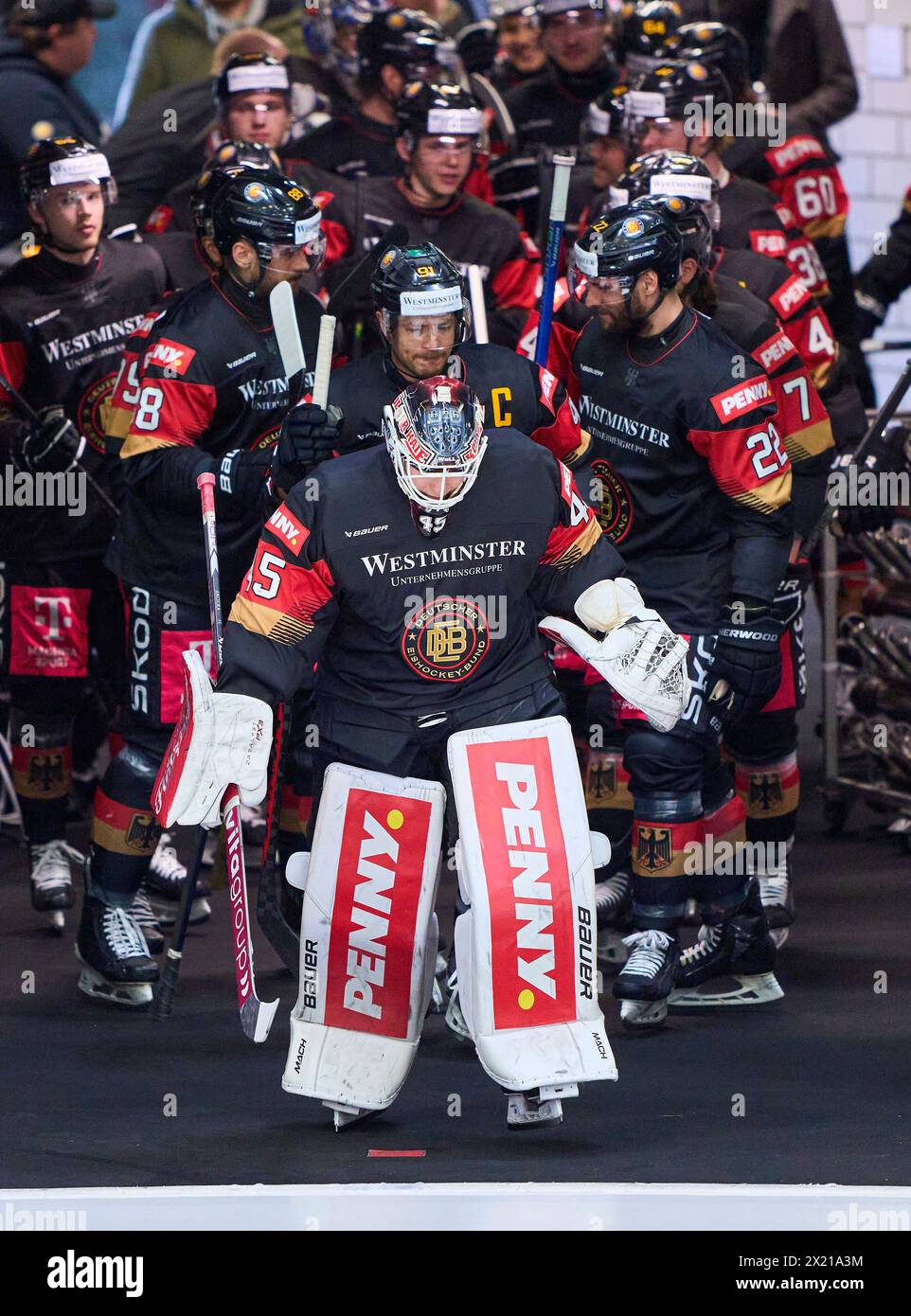 Tobias Ancicka  Nr.45 goalie of Germany Matthias Plachta Nr.22 of Germany  in the match GERMANY - SLOVAKIA 7-3 Friendly match DEB ICE HOCKEY, World Championship 2024 preparation in Kaufbeuren Germany, Apr 18, 2024,  Season 2023/2024, Slowakei,  Photographer: ddp images / star-images Stock Photo