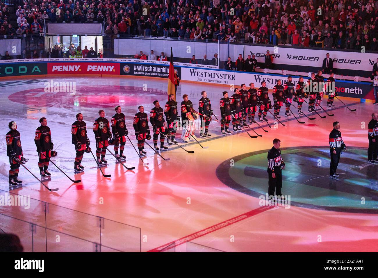 Team presentation with anthem in the match GERMANY - SLOVAKIA 7-3 Friendly match DEB ICE HOCKEY, World Championship 2024 preparation in Kaufbeuren Germany, Apr 18, 2024,  Season 2023/2024, Slowakei,  Photographer: ddp images / star-images Stock Photo