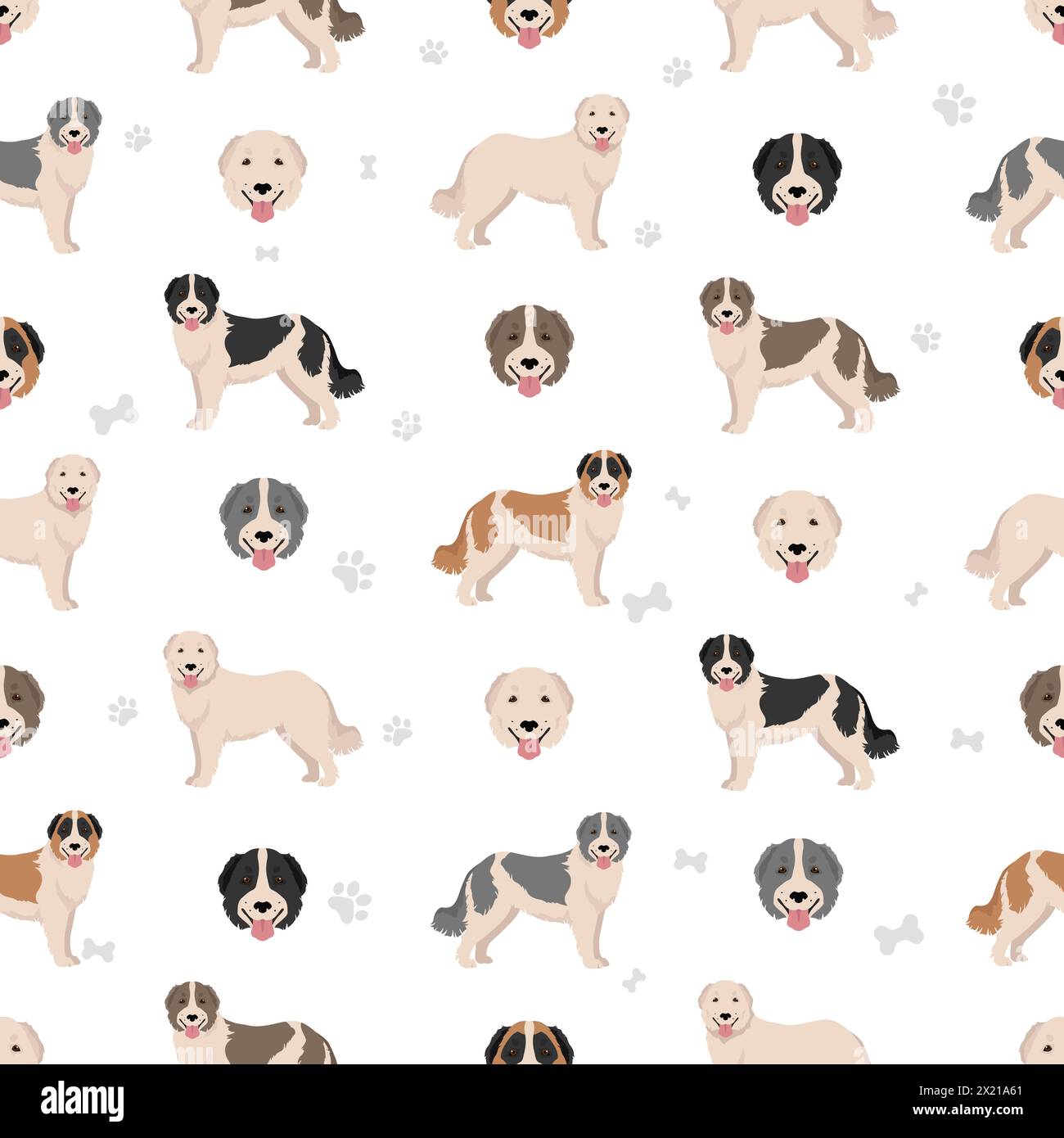 Bucovina shepherd seamless pattern. Different coat colors and poses set.  Vector illustration Stock Vector
