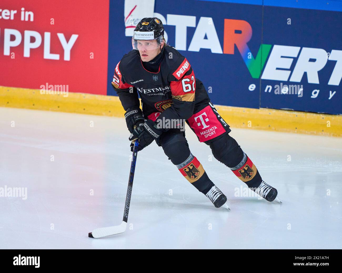 Parker Tuomie Nr. 62 of Germany  in the match GERMANY - SLOVAKIA 7-3 Friendly match DEB ICE HOCKEY, World Championship 2024 preparation in Kaufbeuren Germany, Apr 18, 2024,  Season 2023/2024, Slowakei,  Photographer: ddp images / star-images Stock Photo