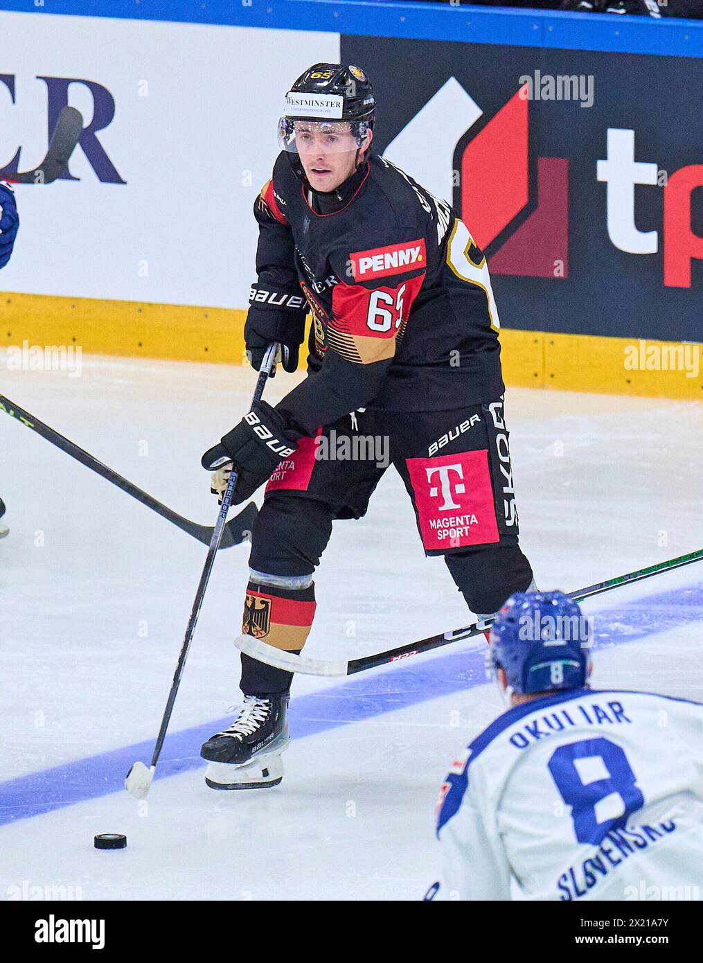 Marc MICHAELIS Nr.65 of Germany  in the match GERMANY - SLOVAKIA 7-3 Friendly match DEB ICE HOCKEY, World Championship 2024 preparation in Kaufbeuren Germany, Apr 18, 2024,  Season 2023/2024, Slowakei,  Photographer: ddp images / star-images Stock Photo