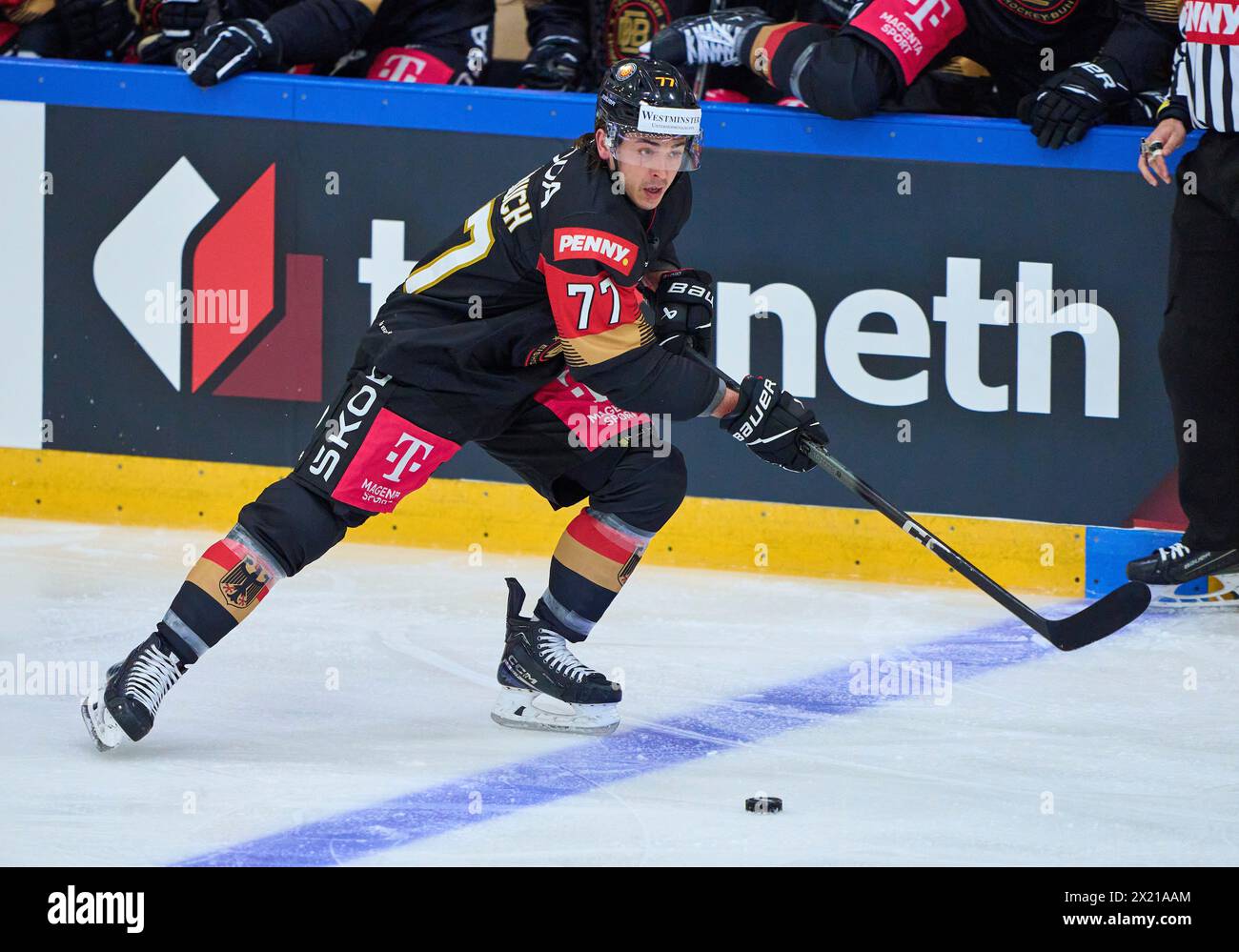 Daniel Fischbuch Nr.77 of Germany  in the match GERMANY - SLOVAKIA 7-3 Friendly match DEB ICE HOCKEY, World Championship 2024 preparation in Kaufbeuren Germany, Apr 18, 2024,  Season 2023/2024, Slowakei,  Photographer: ddp images / star-images Stock Photo