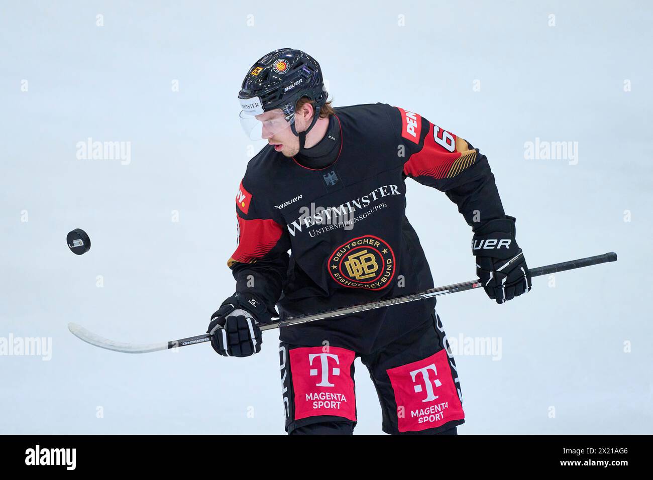 Luis Schinko Nr. 63 of Germany  in the match GERMANY - SLOVAKIA 7-3 Friendly match DEB ICE HOCKEY, World Championship 2024 preparation in Kaufbeuren Germany, Apr 18, 2024,  Season 2023/2024, Slowakei,  Photographer: ddp images / star-images Stock Photo