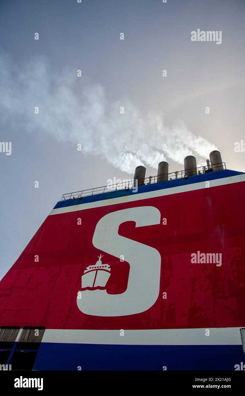 Funnel of a Stena Line ferry with exhaust smoke Stock Photo - Alamy