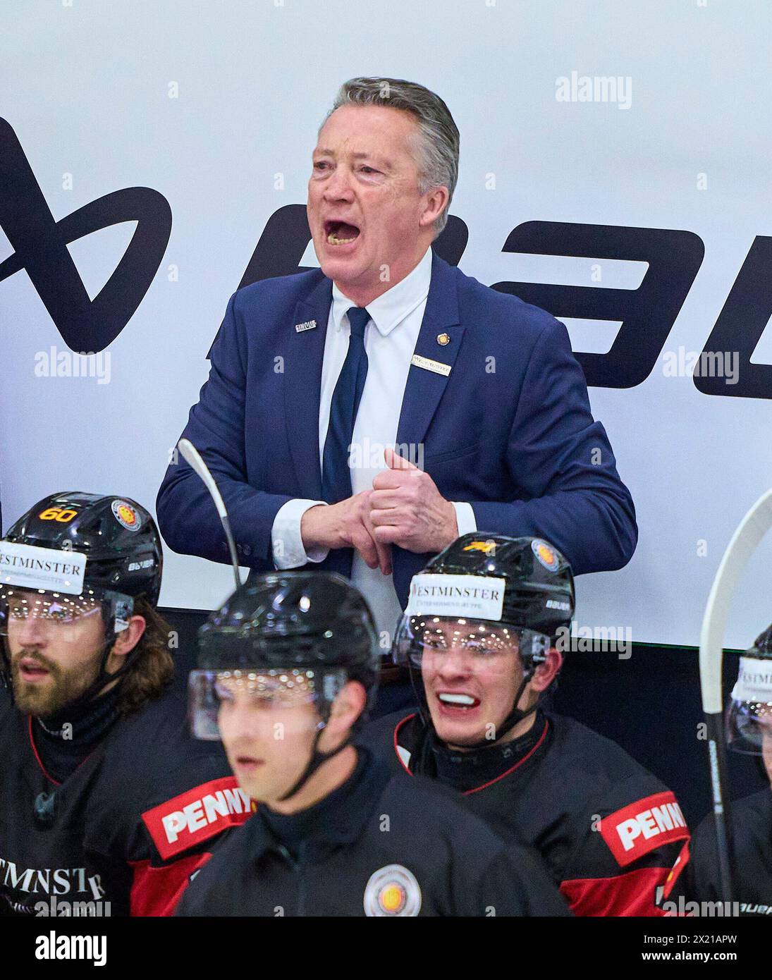 Harold Kreis DEB National coach of Germany, headcoach, team manager, Bundestrainer,   in the match GERMANY - SLOVAKIA 7-3 Friendly match DEB ICE HOCKEY, World Championship 2024 preparation in Kaufbeuren Germany, Apr 18, 2024,  Season 2023/2024, Slowakei,  Photographer: ddp images / star-images Stock Photo