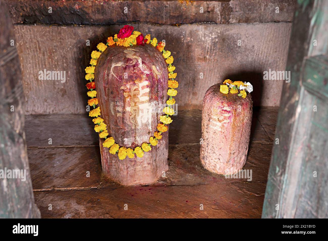 Shivling in the sanctrum, Ekattarso Mahadev Mandir (Chausath Yogini Temple), Mitaoli, Madhya Pradesh, India Stock Photo