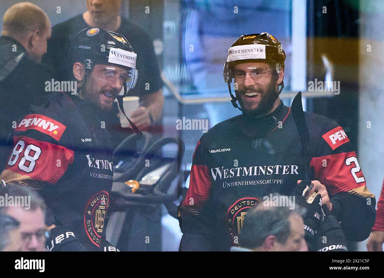 Tobias Fohrler, Nr.88 of Germany Matthias Plachta Nr.22 of Germany  in the match GERMANY - SLOVAKIA 7-3 Friendly match DEB ICE HOCKEY, World Championship 2024 preparation in Kaufbeuren Germany, Apr 18, 2024,  Season 2023/2024, Slowakei,  Photographer: ddp images / star-images Stock Photo