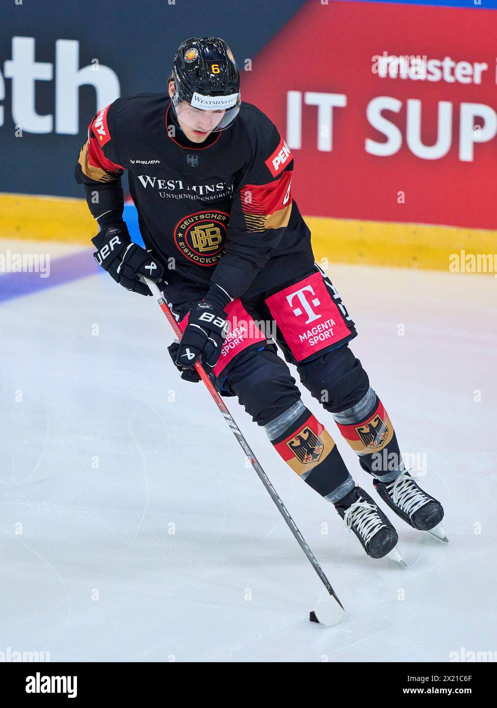 Julius Karrer Nr.6 of Germany  in the match GERMANY - SLOVAKIA 7-3 Friendly match DEB ICE HOCKEY, World Championship 2024 preparation in Kaufbeuren Germany, Apr 18, 2024,  Season 2023/2024, Slowakei,  Photographer: ddp images / star-images Stock Photo