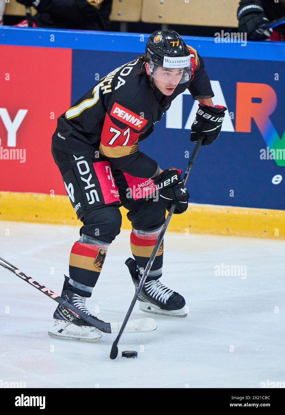 Daniel Fischbuch Nr.77 of Germany  in the match GERMANY - SLOVAKIA 7-3 Friendly match DEB ICE HOCKEY, World Championship 2024 preparation in Kaufbeuren Germany, Apr 18, 2024,  Season 2023/2024, Slowakei,  Photographer: ddp images / star-images Stock Photo