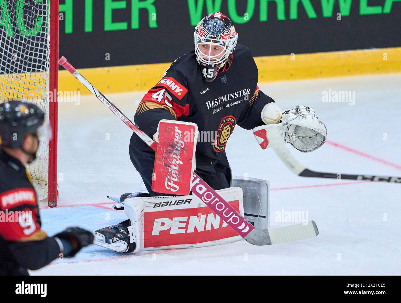 Tobias Ancicka  Nr.45 goalie of Germany  in the match GERMANY - SLOVAKIA 7-3 Friendly match DEB ICE HOCKEY, World Championship 2024 preparation in Kaufbeuren Germany, Apr 18, 2024,  Season 2023/2024, Slowakei,  Photographer: ddp images / star-images Stock Photo