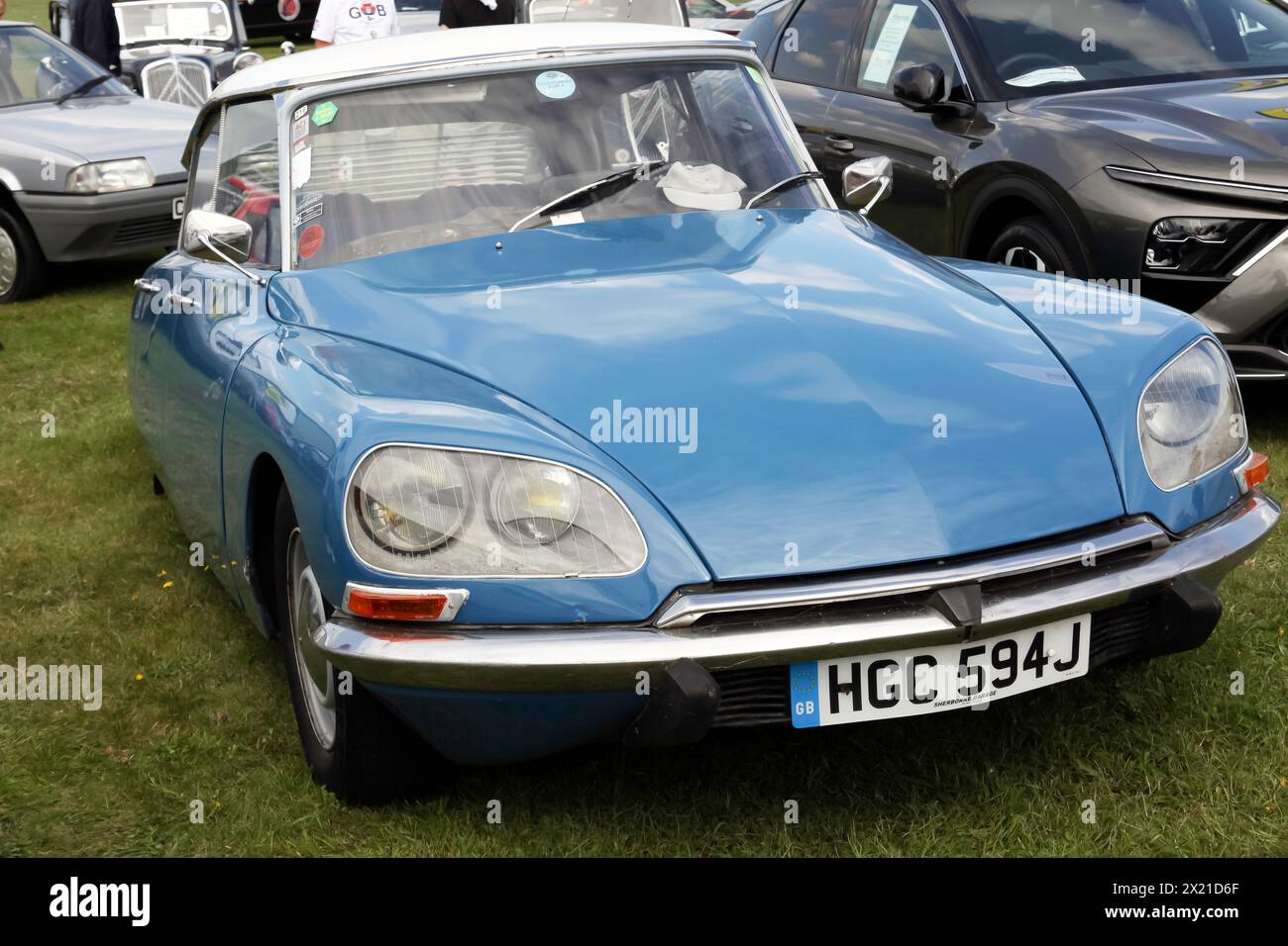 Three-quarters front view of a Blue, 1970, Citroën DS, on display at the 2023 British Motor Show, Farnborough. Stock Photo