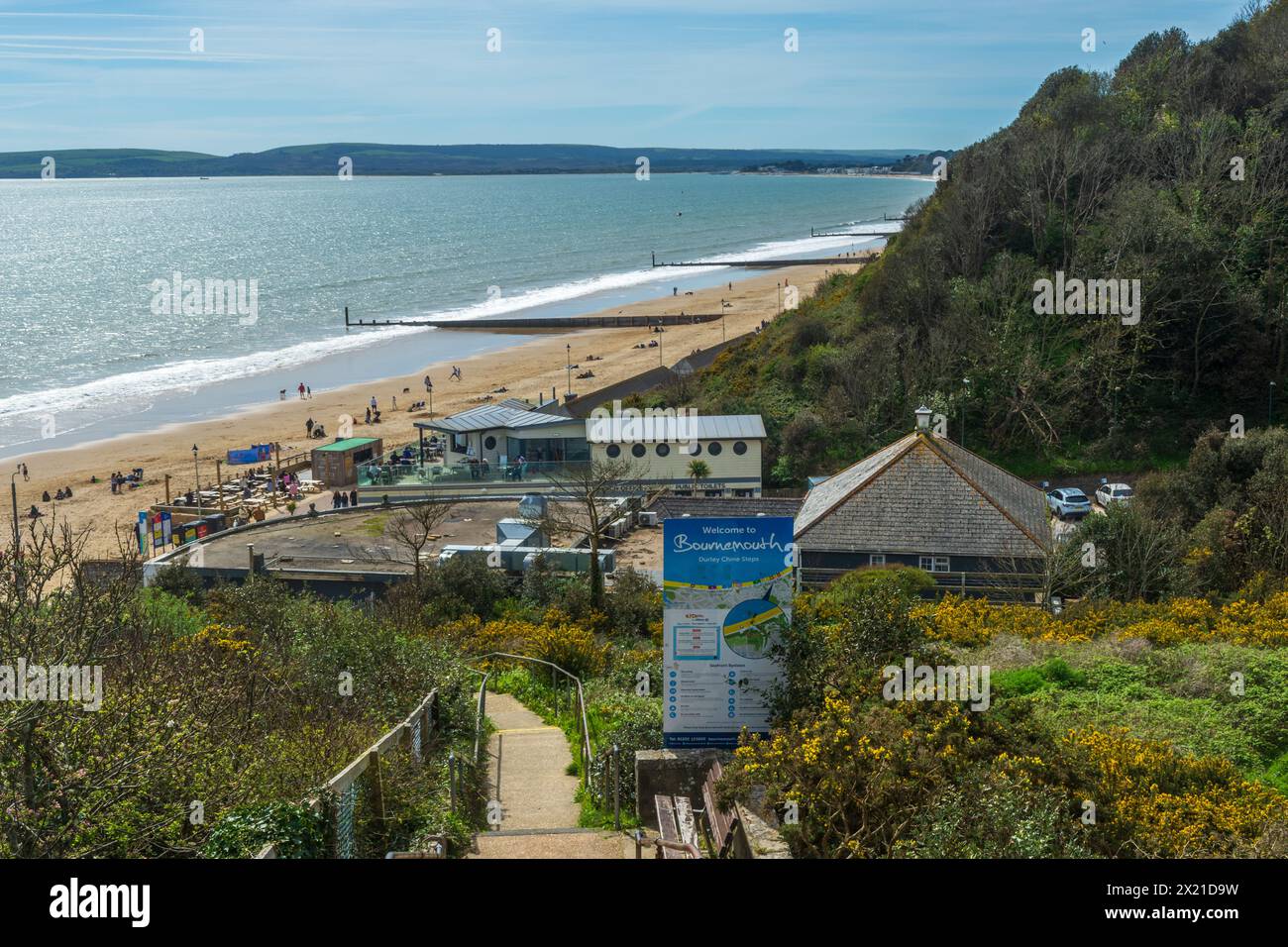 Bournemouth, UK - April 12th 2024: Path leading to buildings and Durley Chine Beach. Stock Photo