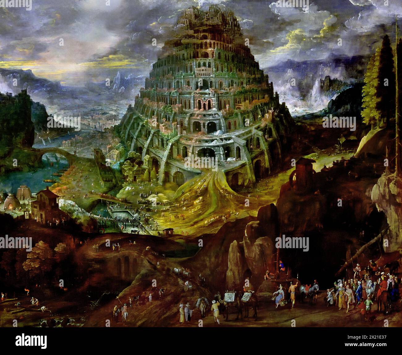 The Tower of Babel by Jan Brueghel I 1565-1625 and Tobias Verhaecht 1561-1631  Royal Museum of Fine Arts,  Antwerp, Belgium, Belgian ( Tower of Babel, According to Genesis, the Babylonians wanted to make a name for themselves by building a mighty city and a tower “with its top in the heavens.” God disrupted the work by so confusing the language of the workers that they could no longer understand one another.). Stock Photo
