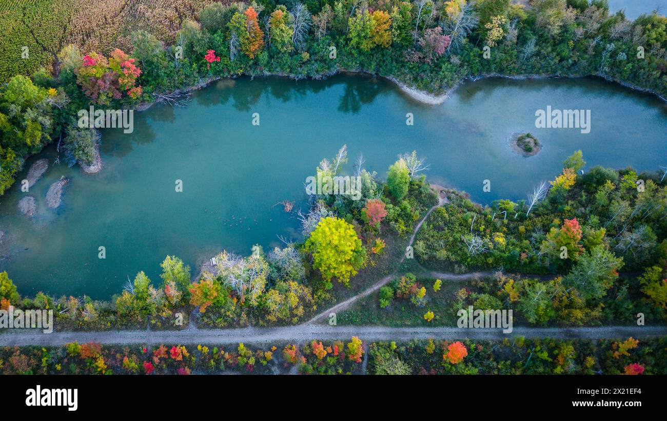 Fall Trails by Blue Water, Aerial Forest Splendor Stock Photo