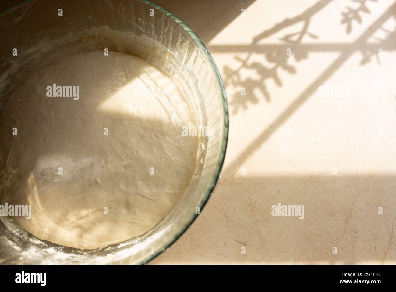 Overhead view of sourdough bread proofing on kitchen counter Stock ...