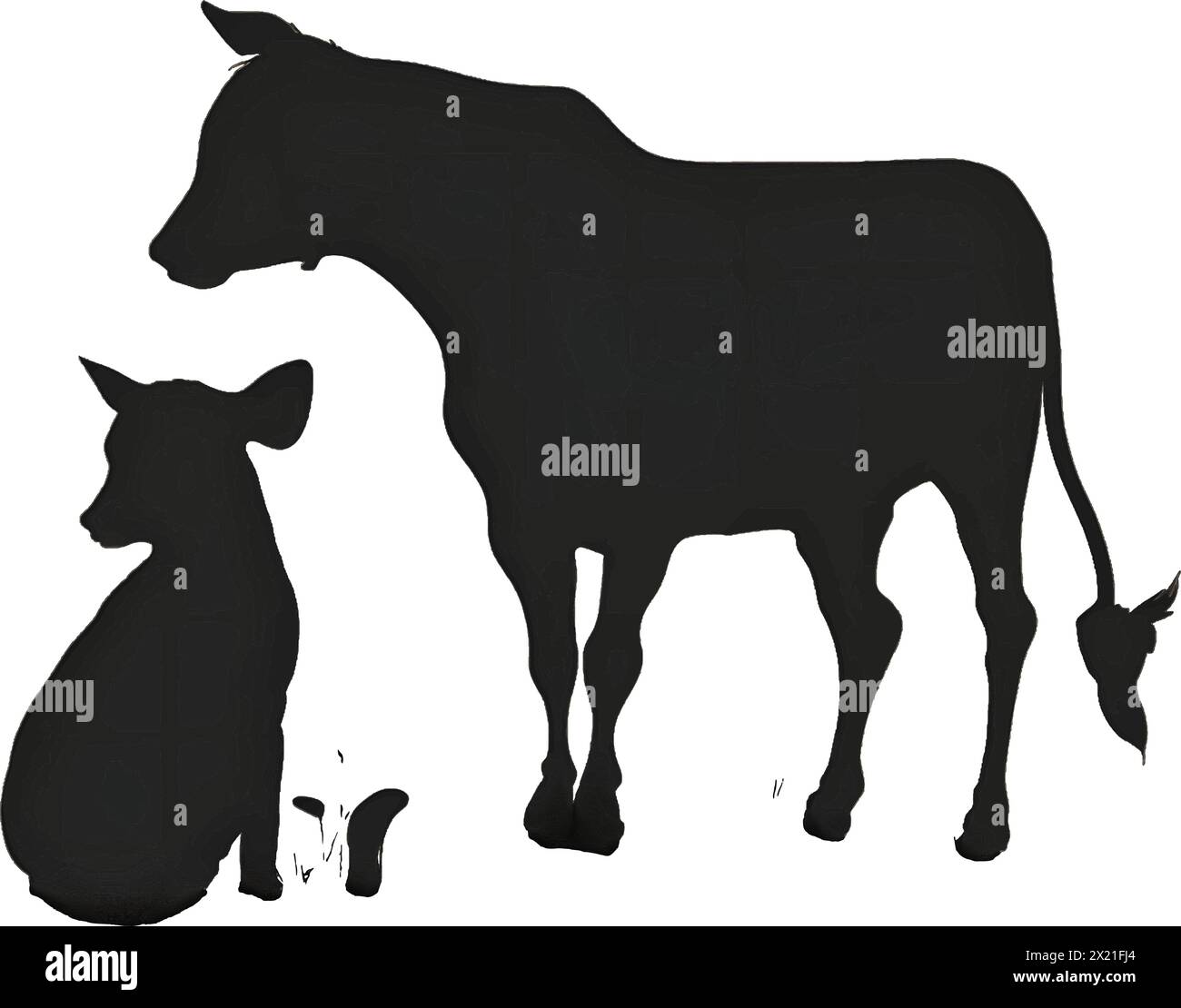 Vector illustration of cow with cow calf in black silhouette against a