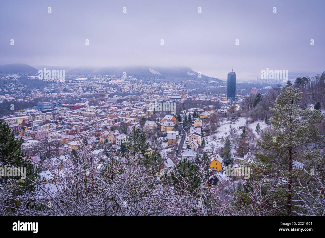 Jena in winter with the Jentower in the city center under a cloudy sky, Jena, Thuringia, Germany Stock Photo