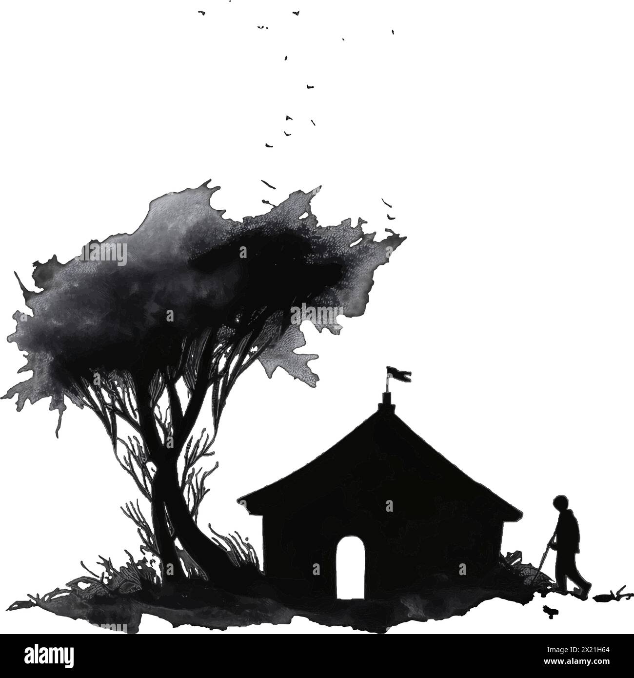 Black silhouette of a man's house, trees of birds in the background. White targeted background.Silhouette concept, tattoo artist. Stock Vector