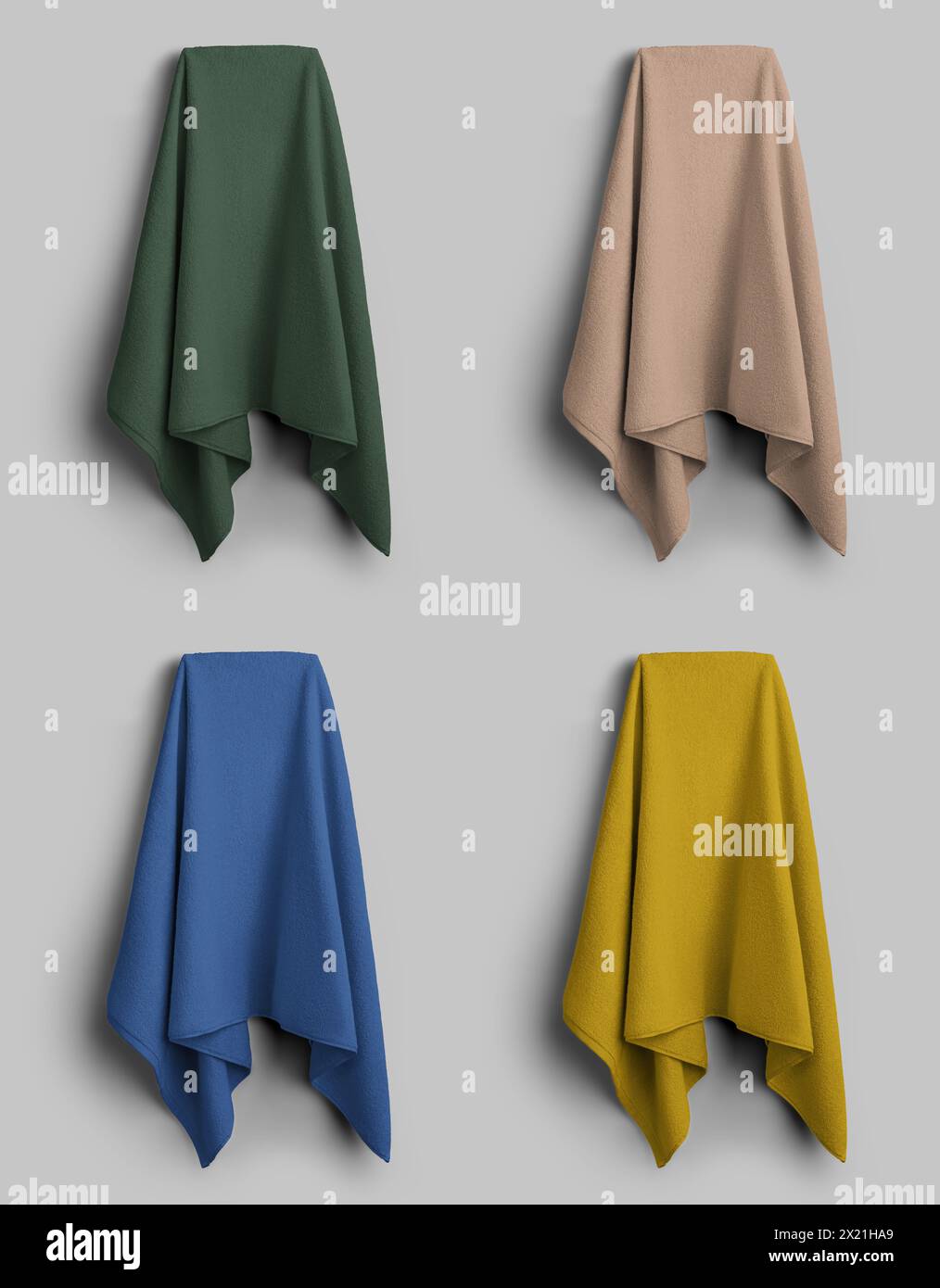 Template of a colored terry towel hanging on a hanger, large soft cloth for branding, advertising. Mockup of fluffy fabric for wiping, spa, sauna, bat Stock Photo