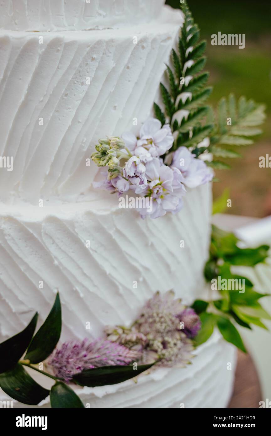 4 tier white wedding cake with purple flowers and green leaves on it Stock Photo