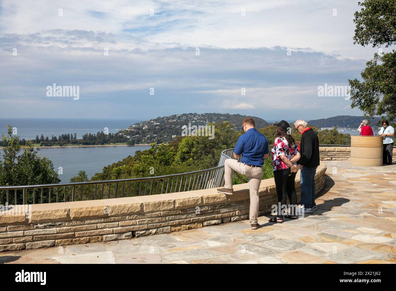 West Head lookout point in Ku-Ring-Gai chase national park, views of Barrenjoey headland Palm Beach and Hawkesbury Lion Island, Sydney,NSW,Australia Stock Photo