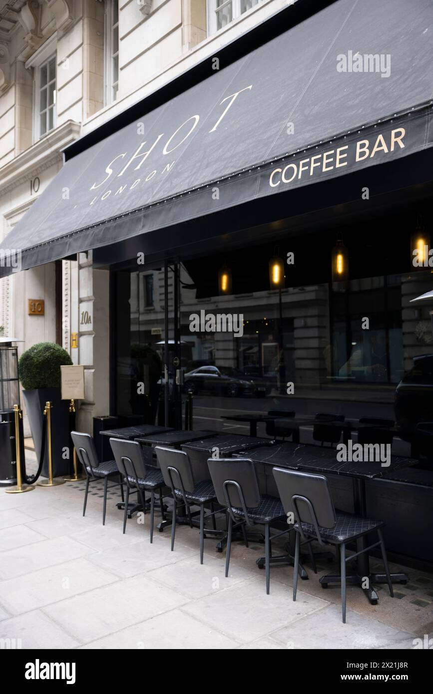 SHOT London, in Mayfair offers a list of single-origin coffee brews with prices ranging up to £265 for Japan Typica Natural coffee, England, UK. Stock Photo