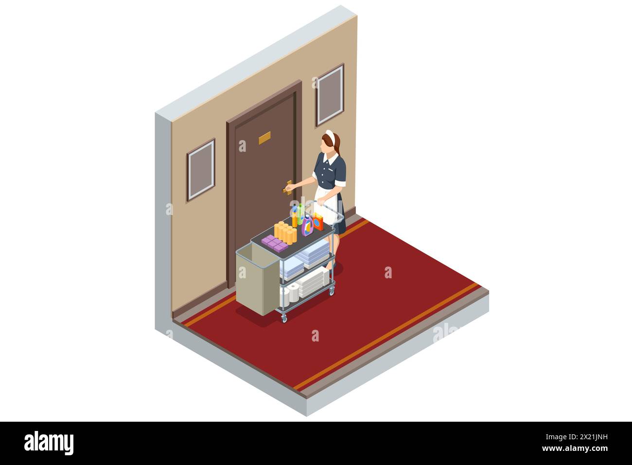 Isometric Housemaid opening the door to the room for cleaning. Woman chambermaid holding a towel standing with maid cart full of cleaning stuff in the Stock Vector