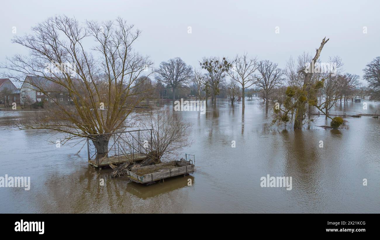 winter flood of the Elbe, aerial photo, Germany, Saxony-Anhalt, Altmark Stock Photo