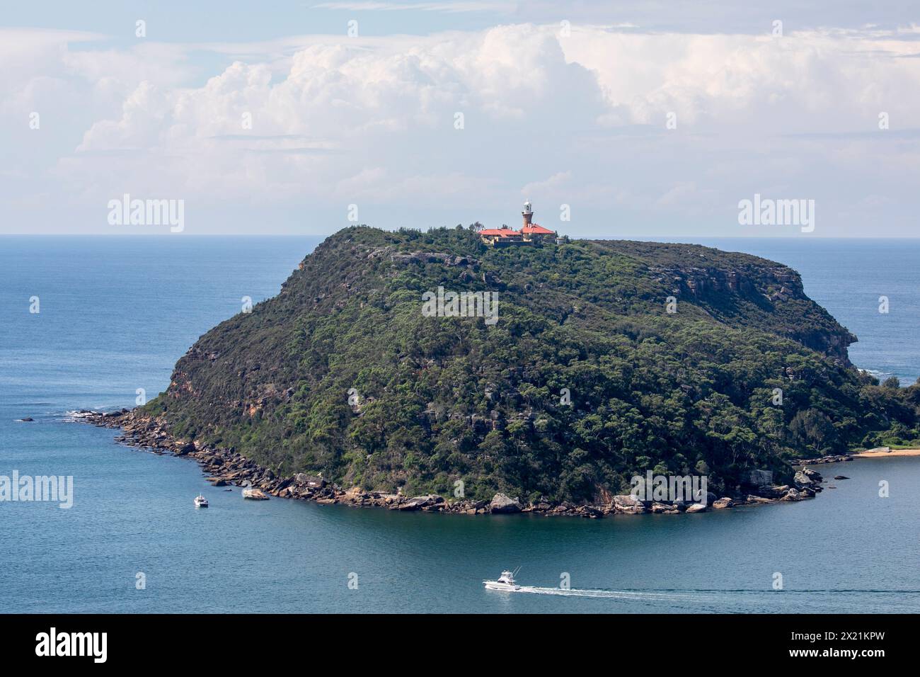 Barrenjoey Headland and peninsula, viewed from West Head lookout, Barrenjoey lighthouse on the headland, Pittwater and ocean views, Sydney,Australia Stock Photo
