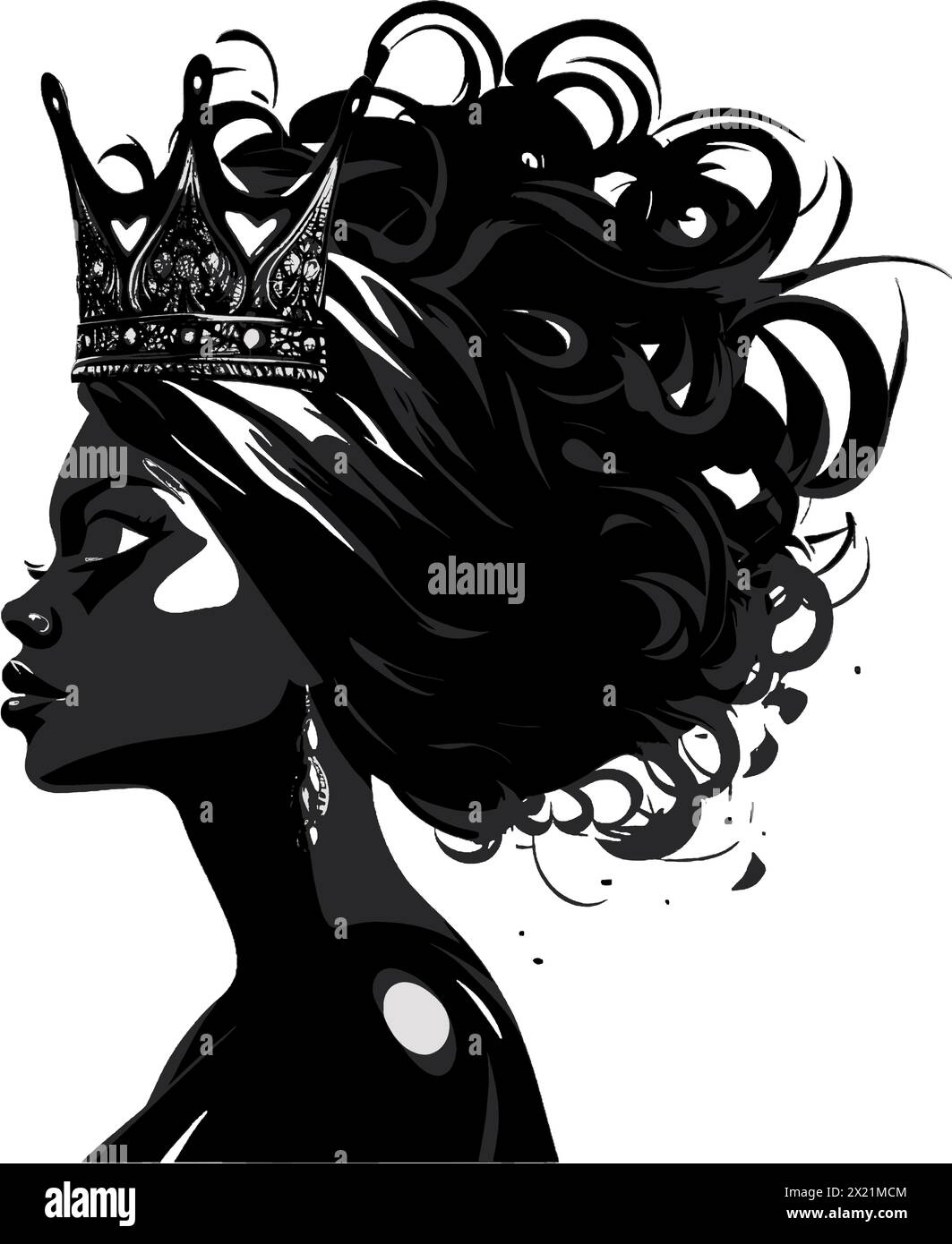 Vector illustration of a woman in a crown in black silhouette against a clean white background, capturing graceful forms of this vector. Stock Vector