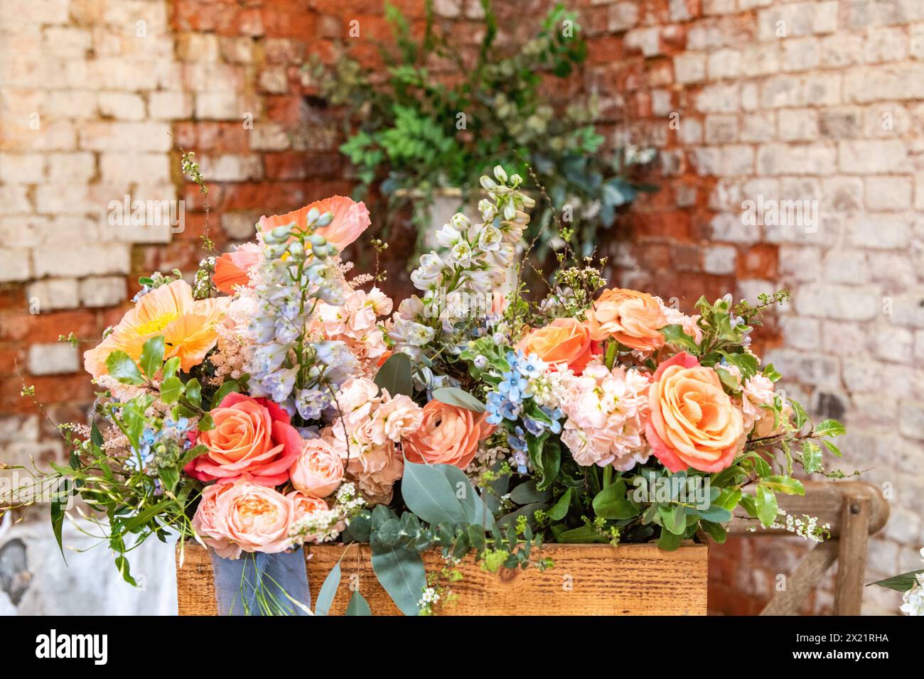 A flower bouquet for a wedding service ceremony at Botley Hill Farm in Surrey, UK Stock Photo