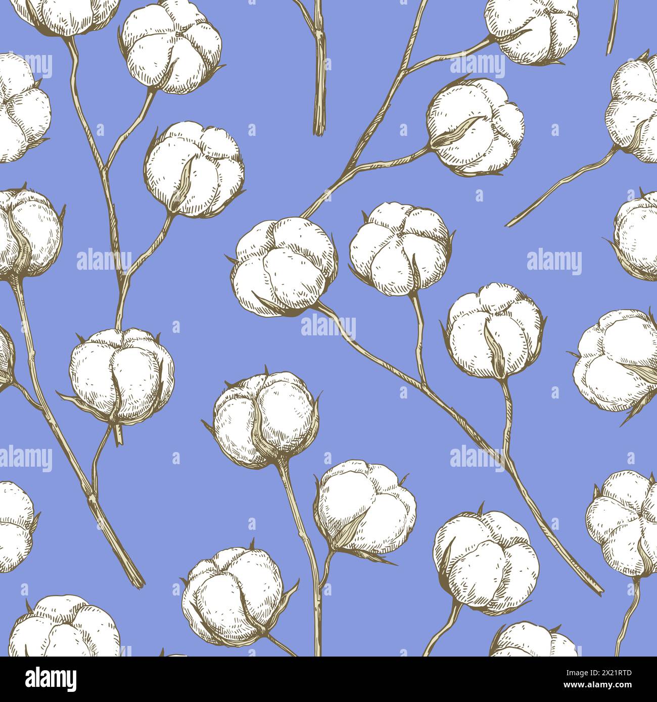 Vector seamless pattern with cotton branches. Hand-drawn ink illustration. Stock Vector