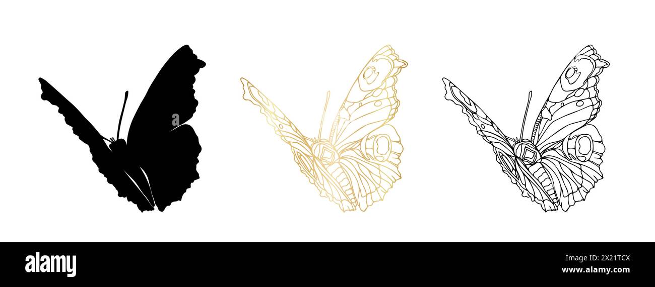 Butterfly black ink line art, gold foil and silhouette illustrations. Insect set for coloring page, tattoo silhouette, hand drawn stickers, coloring Stock Vector