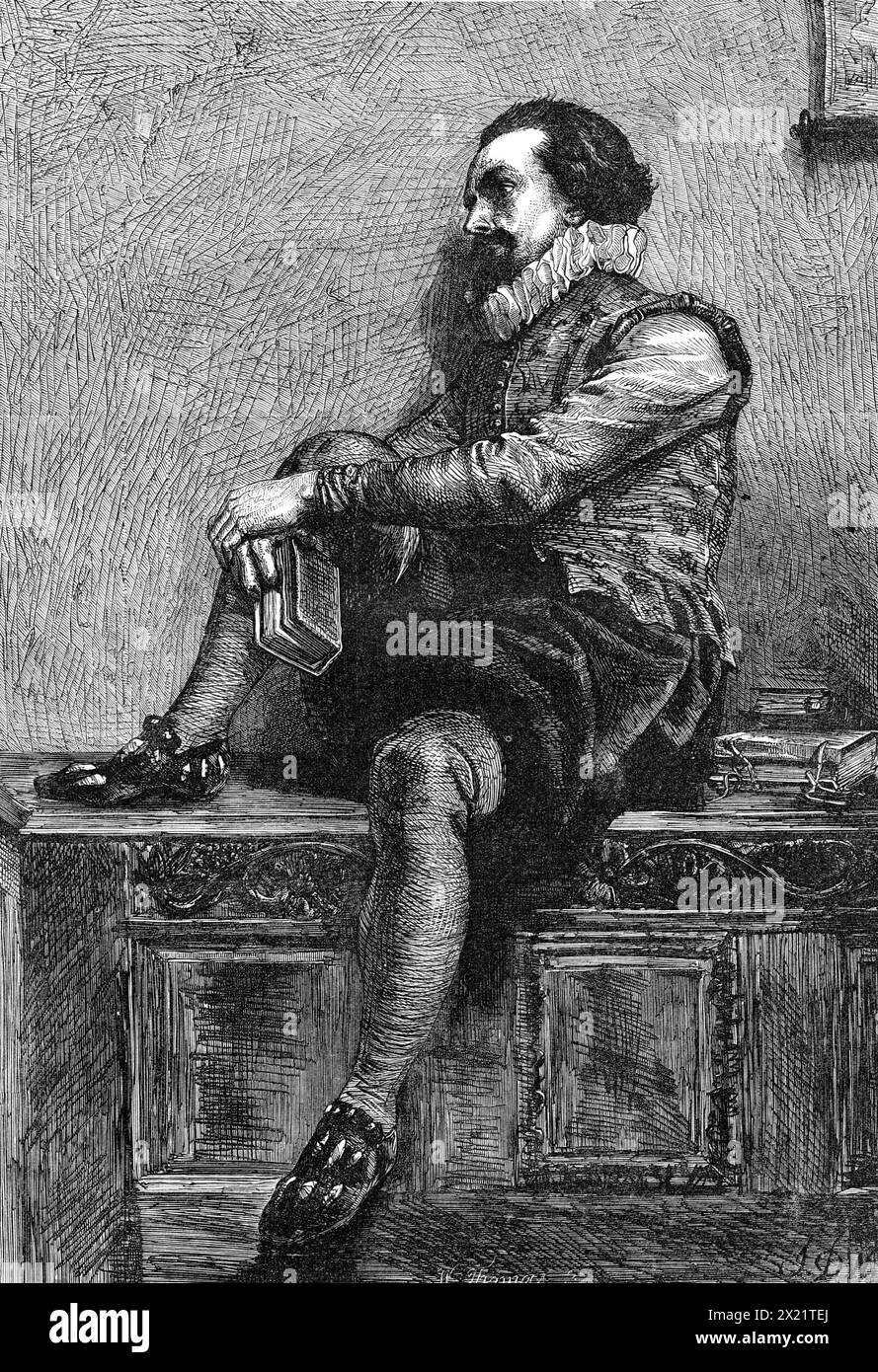 &quot;A Train of Thought,&quot; by J. D. Watson, in the Winter Exhibition, 1864. '...the subject of this picture...is simply a young, intelligent, and gallant-looking fellow, dressed in Elizabethan doublet, raff, trunk hose, and slashed shoes, sitting on a carved chest or cabinet, and nursing one leg in an attitude of meditation. He seems to have fallen into a &quot;train of thought,&quot; suggested by the book he has been reading. His thoughtful physiognomy, his books, his dress, and bearing allow us to conjecture that, like Raleigh and other celebrities of the time, he may be at once scholar Stock Photo