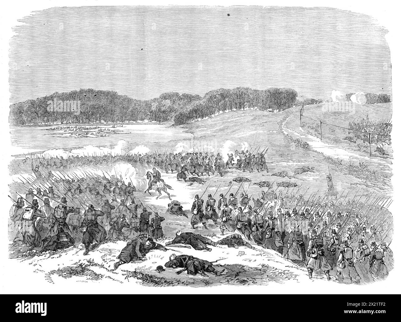 Illustrations of the War in Schleswig by our special artist: the Battle of Oversee, 1864. 'The allies having crossed the Schlei and entered the town of Schleswig at an early hour on Saturday morning, Eeb. 6, they lost no time in pursuing the Danish army, which was in full retreat to Flensburg...The Nostitz Brigade lost altogether about 600 killed and wounded, a third of these being officers; Duke William of Wirtemberg had a portion of one foot shot away, and has since undergone amputation.General von Gablenz was personally in the thickest of the fight. After a protracted and desperate struggle Stock Photo