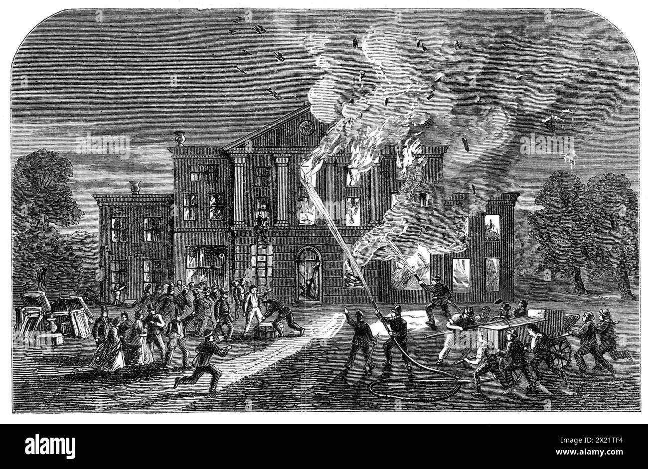 Burning of Pengwern Hall, near St. Asaph [in Wales], the seat of Lord Mostyn, 1864. 'This mansion, one of the noblest in the Vale of Clwyd, was the residence of the late Lord Mostyn, but has, since his death, been occupied by his brother, the Hon. T. P. Lloyd. It was built, in 1787...The house was partly of Corinthian architecture, but with a certain originality in the design of its front. It contained not only a great deal of costly furniture, plate, and jewels, but many choice paintings - Dutch, Italian, and English - besides the rare and valuable library of Welsh records and MSS. known as t Stock Photo