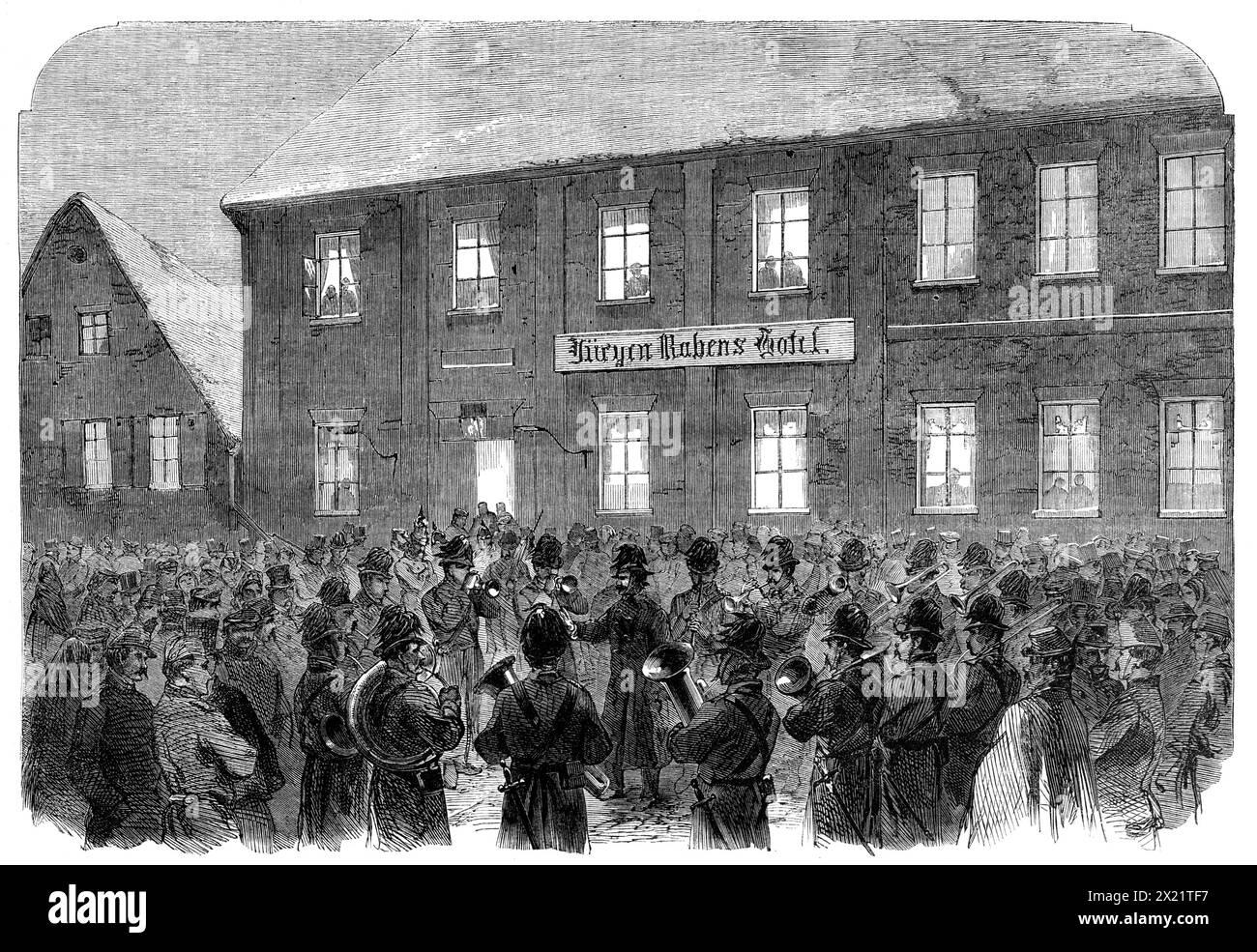 The War in Schleswig: band playing before Marshal Wrangel's head-quarters at Hadersleben - from a sketch by our special artist, 1864. 'The Prussian Commander-in-Chief, Field Marshal von Wrangel lodges at the hotel of J&#xfc;rgen Raben, where he is nightly serenaded by a military band. The Austrian commander, General von Gablenz, also resides in this house. The band shown in our Engraving is that of the J&#xe4;gers, or Riflemen'. From &quot;Illustrated London News&quot;, 1864. Stock Photo