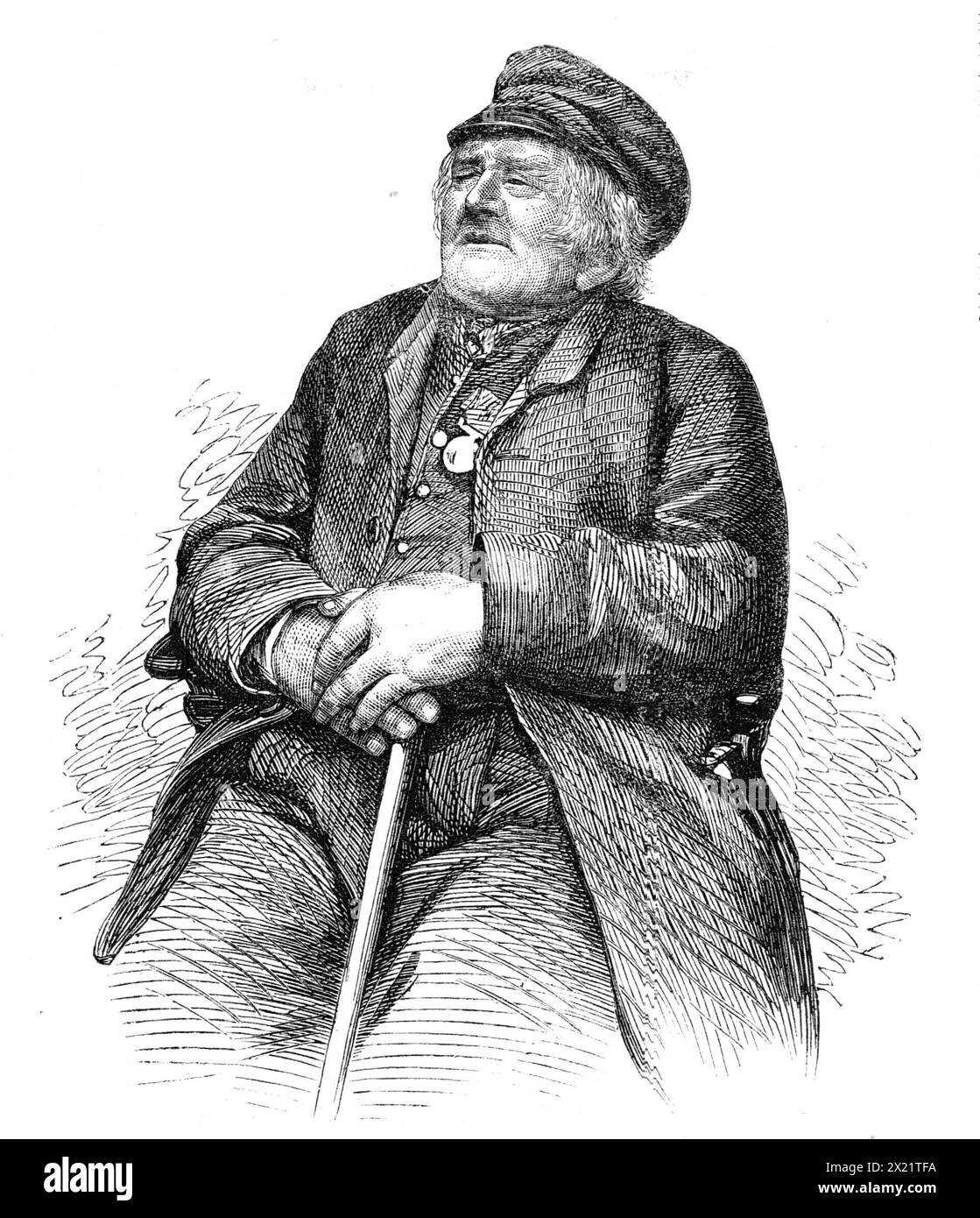 John Gilliatt, of Brigg, Lincolnshire, above one hundred years old, 1864. Engraving from a photograph by Mr. Empringham, master of the Brigg Union Workhouse, of a '...remarkable veteran...born...according to his own belief, in the year 1761. If he be right in this date he has attained the age of 103...In his early manhood he was pressed into the Navy...He does not seem to have remained long at sea, for about 1791 he enlisted into the 7th Dragoons. This regiment being sent into Holland, he...[fought in] the campaign of 1793...in a personal conflict with a French cavalry soldier, he lost the mid Stock Photo